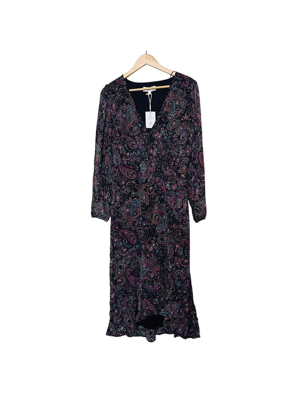 NWT Paisley Long Sleeve V‑Neck Boho Spring Dress L Black Pink Tea Midi Lined - Picture 2 of 7